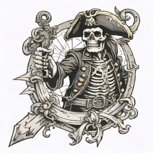 skeleton of a pirate with a pistol at the helm of a ship tattoo design idea