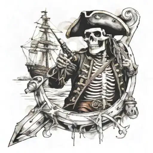 skeleton of a pirate with a pistol at the helm of a ship tattoo design idea