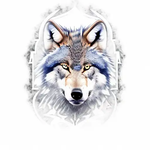 a face of half dacian wolf, half raven, winter forests in the background, a sword with runes etched on it tattoo design idea