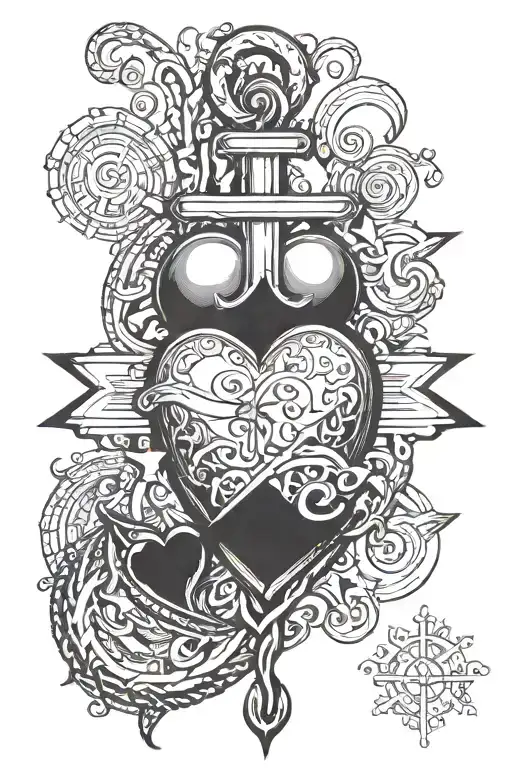 a heart with the inscription Kika, an anchor with the inscriptions Julka and Miška and a cross in the background tattoo design idea