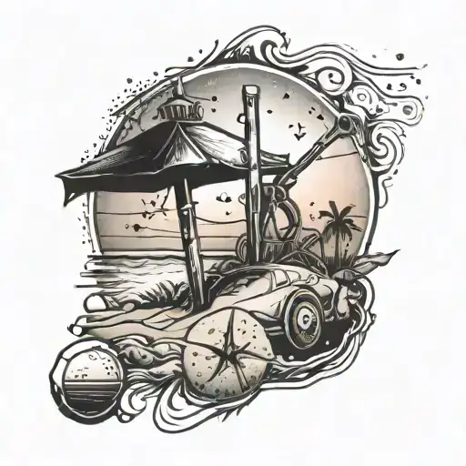 A dotwork tattoo of a beach scene at sunset with an electrician's tools scattered in the sand tattoo design idea