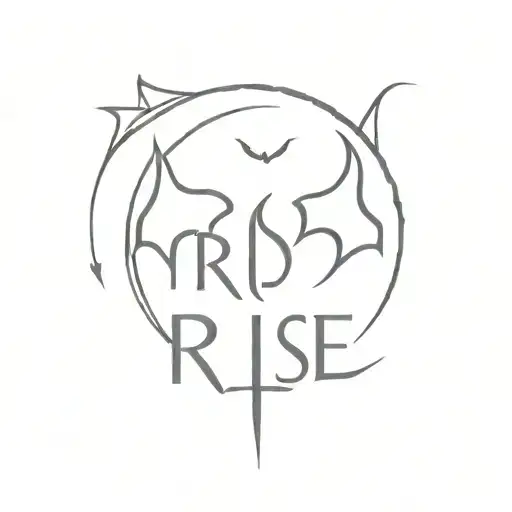 the word Rise in a greek style font with bat ears coming out of the R and E tattoo design idea