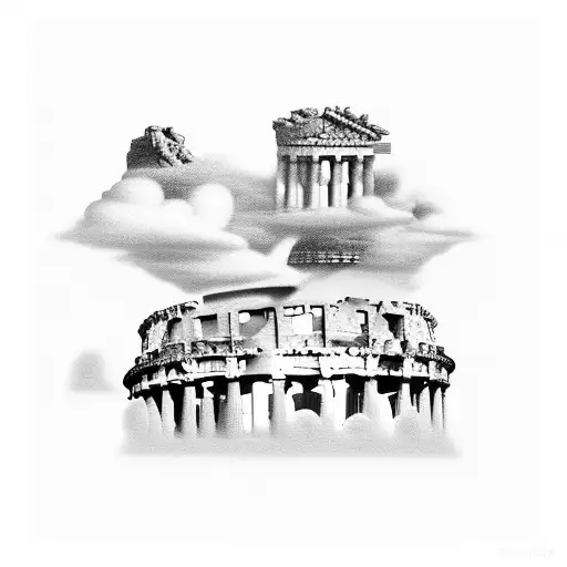 Combine elements of Greek and Roman architecture into a surreal cityscape, with clouds floating above as if they were sculptures. tattoo design idea