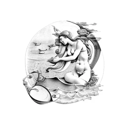 Create a tattoo inspired by the famous painting 'The Birth of Venus' by Botticelli, but give it a modern twist by incorporating architectural elements from Greece and Rome. tattoo design idea