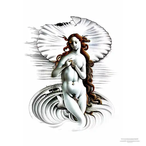 Create a tattoo inspired by the famous painting 'The Birth of Venus' by Botticelli, but give it a modern twist by incorporating architectural elements from Greece and Rome. tattoo design idea
