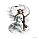 Create a tattoo inspired by the famous painting 'The Birth of Venus' by Botticelli, but give it a modern twist by incorporating architectural elements from Greece and Rome. tattoo design idea