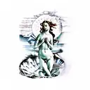 Create a tattoo inspired by the famous painting 'The Birth of Venus' by Botticelli, but give it a modern twist by incorporating architectural elements from Greece and Rome. tattoo design idea