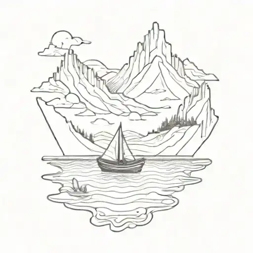 paper boat mountains in the back ground tattoo design idea