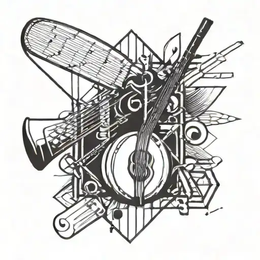 A geometric design incorporating musical notes and cricket equipment tattoo design idea