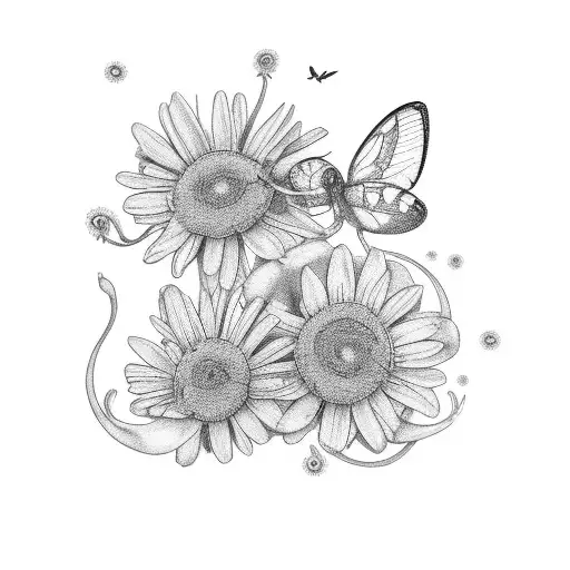 A delicate black-grey tattoo design showcasing the names Freddie and Daisy entwined with floral elements tattoo design idea