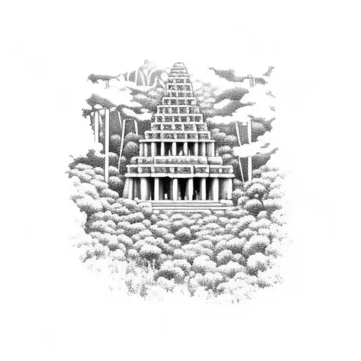 maya temple in the middle of the jungle, in front there is a maxa fighter standing tattoo design idea