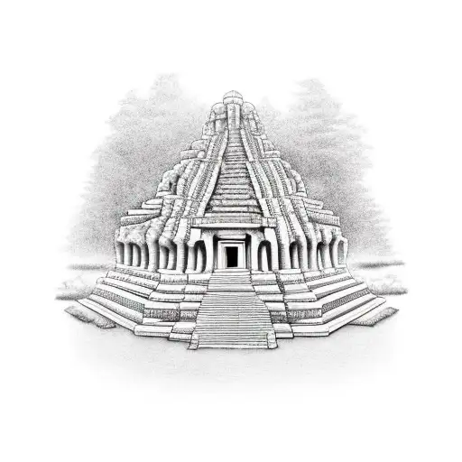 maya temple in the middle of the jungle, in front there is a maxa fighter standing tattoo design idea