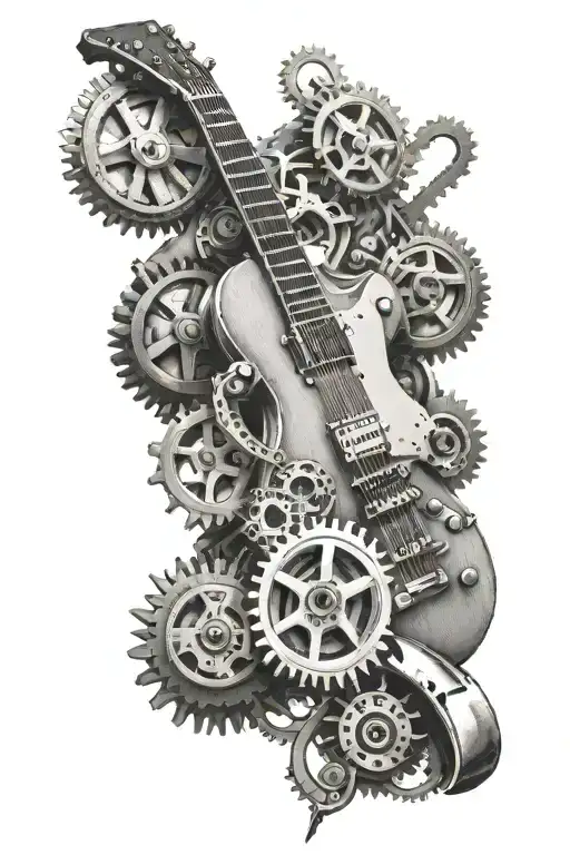 guitar and gears and car parts tattoo design idea