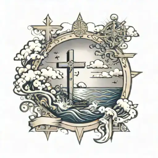 ocean scene with crosses and clouds and a sun with the date 16/07/19 tattoo design idea