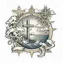 ocean scene with crosses and clouds and a sun with the date 16/07/19 tattoo design idea