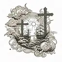 ocean scene with crosses and clouds and a sun with the date 16/07/19 tattoo design idea