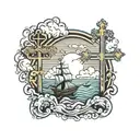 ocean scene with crosses and clouds and a sun with the date 16/07/19 tattoo design idea