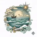 ocean scene with crosses and clouds and a sun with the date 16/07/19 tattoo design idea