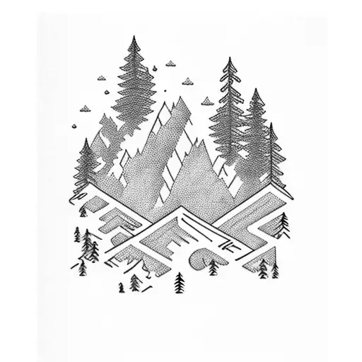 tattoo for the whole arm with Mountains, trees, fog, owl, river and a colorful bonfire  tattoo design idea