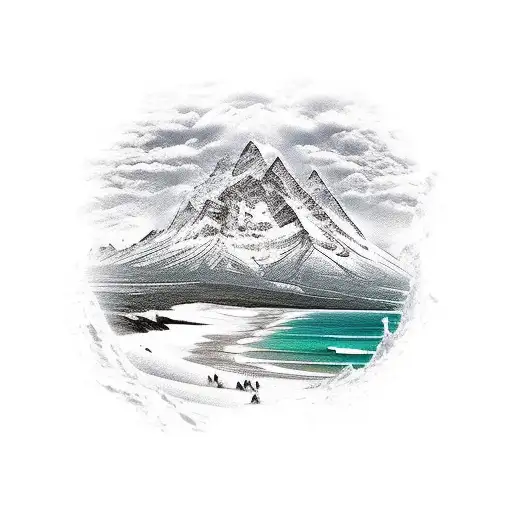 mountain and beach with hidden letter "J" tattoo design idea