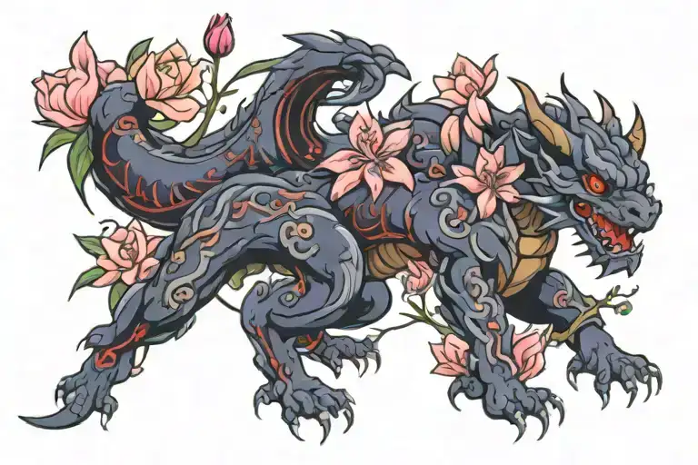 rhododendron, peach blossom, purple lilac, red tulip, dragon wrapped around  tattoo design idea