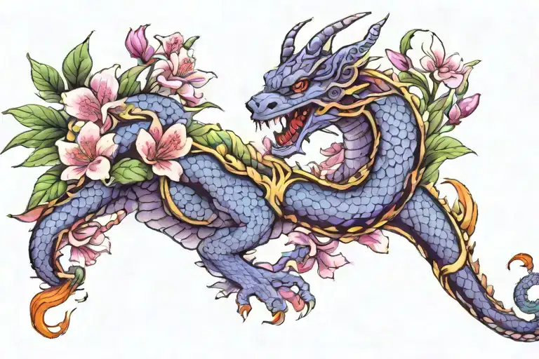 rhododendron, peach blossom, purple lilac, red tulip, snake dragon wrapped around  tattoo design idea