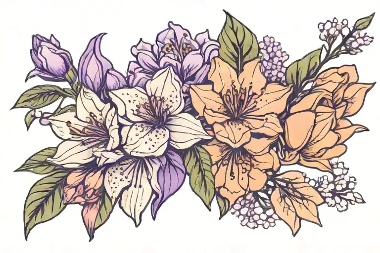 peach blossoms tulip rhododendron purple lilac flower tattoo design idea