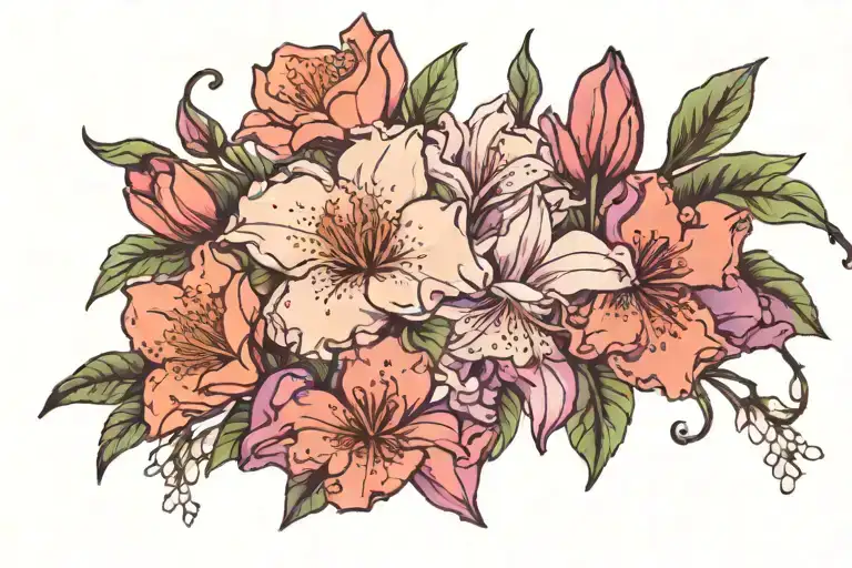 rhododendron, peach blossom, purple lilac, red tulip, occomy wrapped around  tattoo design idea