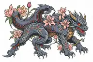 rhododendron, peach blossom, purple lilac, red tulip, dragon wrapped around  tattoo design idea