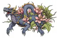 rhododendron, peach blossom, purple lilac, red tulip, dragon wrapped around  tattoo design idea