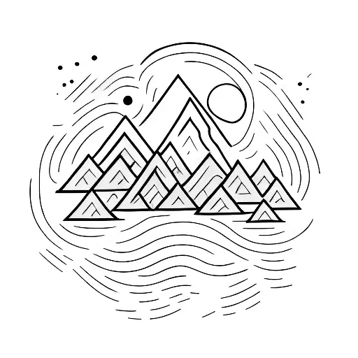 A minimalist tattoo of a campfire surrounded by mountains and a starry night sky. tattoo design idea