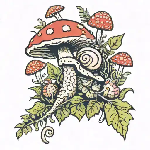 snail crawling on fly agaric toadstool fern tattoo design idea