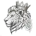 a lion tattoo on forearm, short hair, a crown, scar on face, Mandela design at bottom,  tattoo design idea