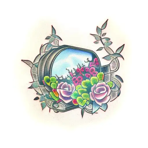 box with nature and vines coming out of it tattoo design idea