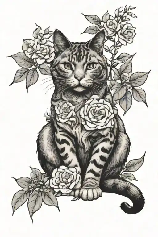 cat and camellias  tattoo design idea