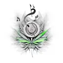 A microphone wrapped in cannabis leaves and mushrooms, with smoke forming the shape of music notes tattoo design idea