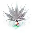 A microphone wrapped in cannabis leaves and mushrooms, with smoke forming the shape of music notes tattoo design idea