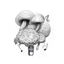 A microphone wrapped in cannabis leaves and mushrooms, with smoke forming the shape of music notes tattoo design idea