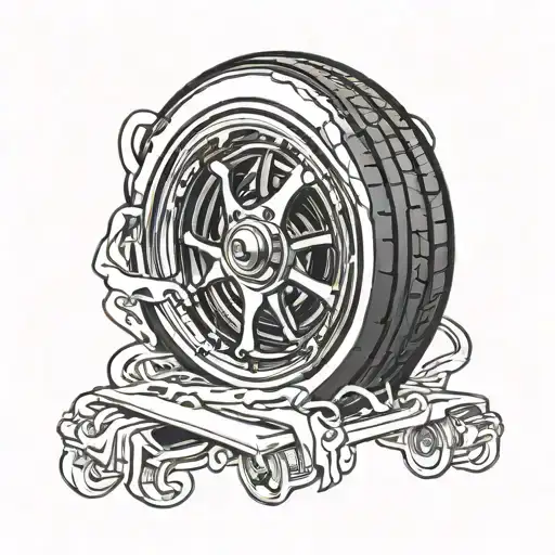low rider rim wheel surrounded 3/4 view  tattoo design idea