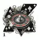 Fire, smoke, human eye, roulette wheel with numbers 8, 12, 14, 17, 29. two dice, ace, queen and king of hearts cards tattoo design idea
