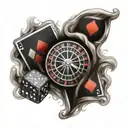 Fire, smoke, human eye, roulette wheel with numbers 8, 12, 14, 17, 29. two dice, ace, queen and king of hearts cards tattoo design idea