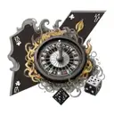 Fire, smoke, human eye, roulette wheel with numbers 8, 12, 14, 17, 29. two dice, ace, queen and king of hearts cards tattoo design idea