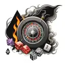 Fire, smoke, human eye, roulette wheel with numbers 8, 12, 14, 17, 29. two dice, ace, queen and king of hearts cards tattoo design idea