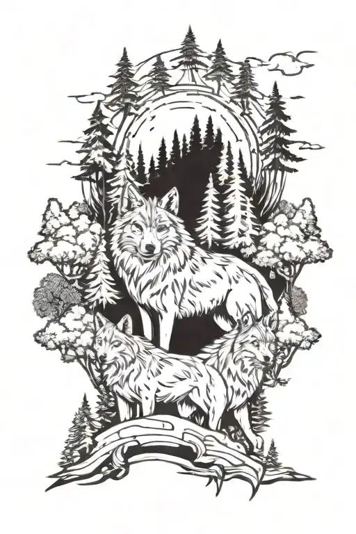 wolf pack with forest behind it tattoo design idea