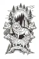 wolf pack with forest behind it tattoo design idea