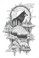 wolf pack with forest behind it tattoo design idea