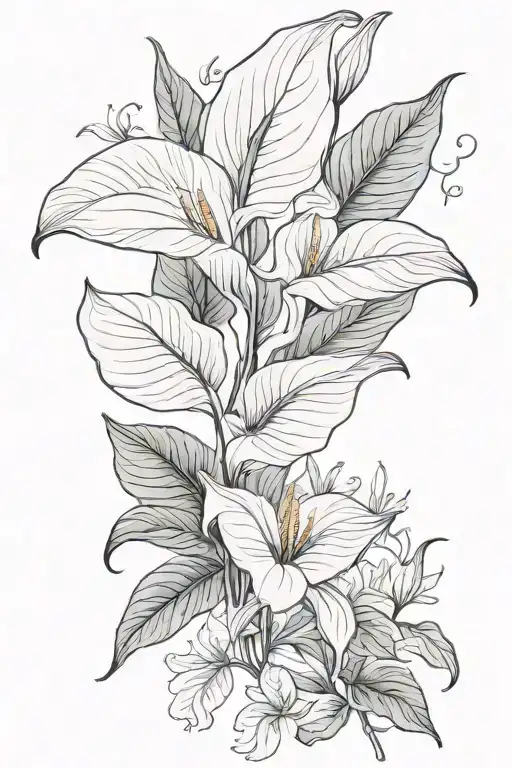 Peace lily flower with little details surrounding top and bottom  for upper back tattoo  tattoo design idea
