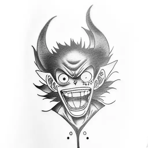 A black-grey tattoo of Monkey D. Luffy with a dragon tattoo on his arm, inspired by Japanese culture tattoo design idea