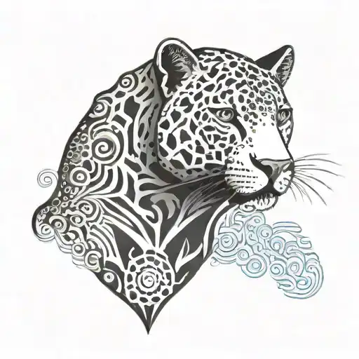 A stylized silhouette of a black jaguar with the image of San Benito incorporated into its design, set against a background of swirling patterns tattoo design idea