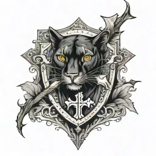 panther and cross of Saint Benedict on a shield tattoo design idea